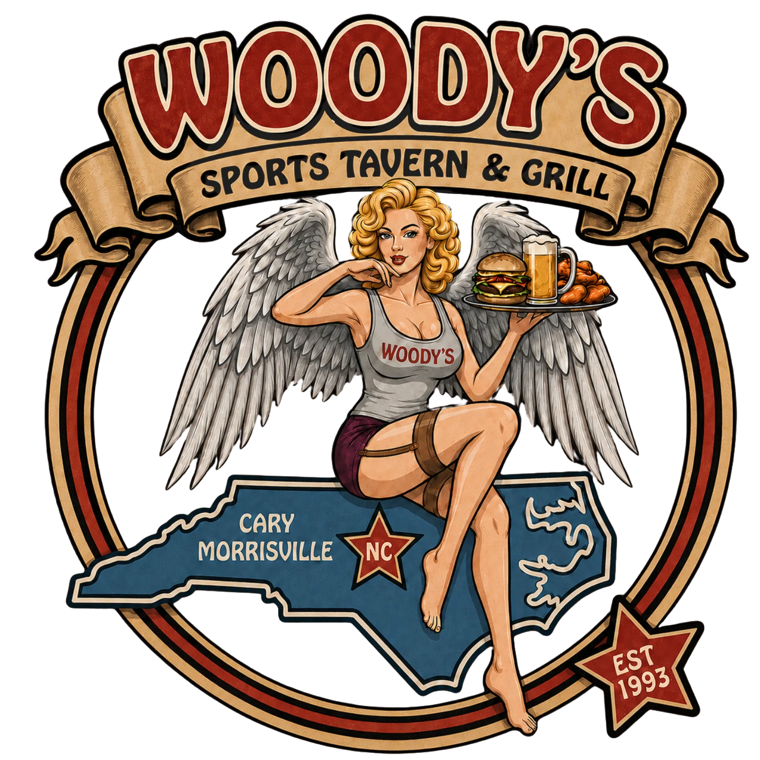 Vintage waitress with wings serving food in North Carolina