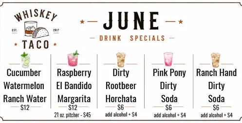 Colorful restaurant menu featuring various dishes and drinks.