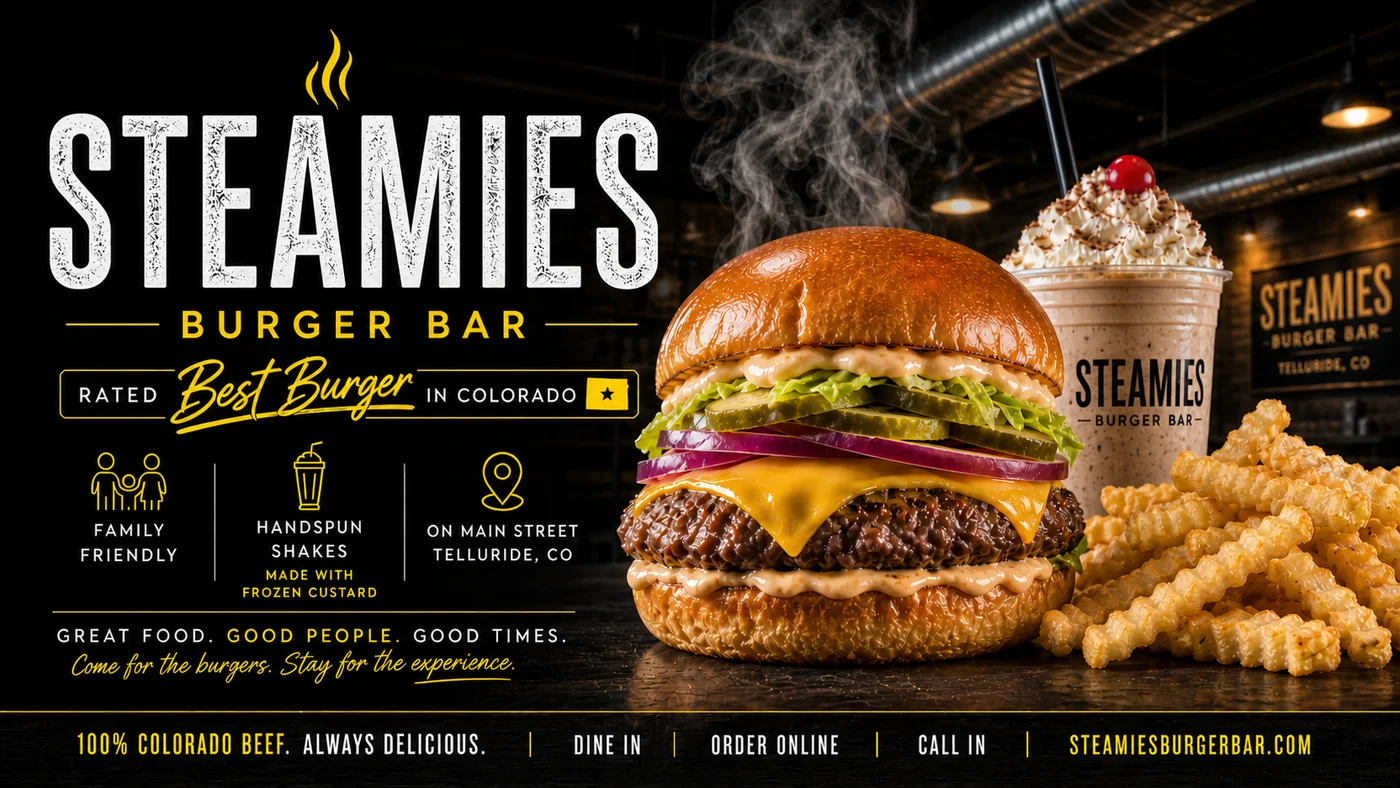 Delicious burger with fries and a milkshake at Steamies Burger Bar.