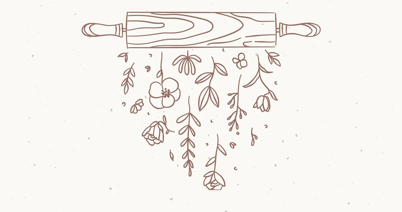 Stylized rolling pin with floral designs hanging down