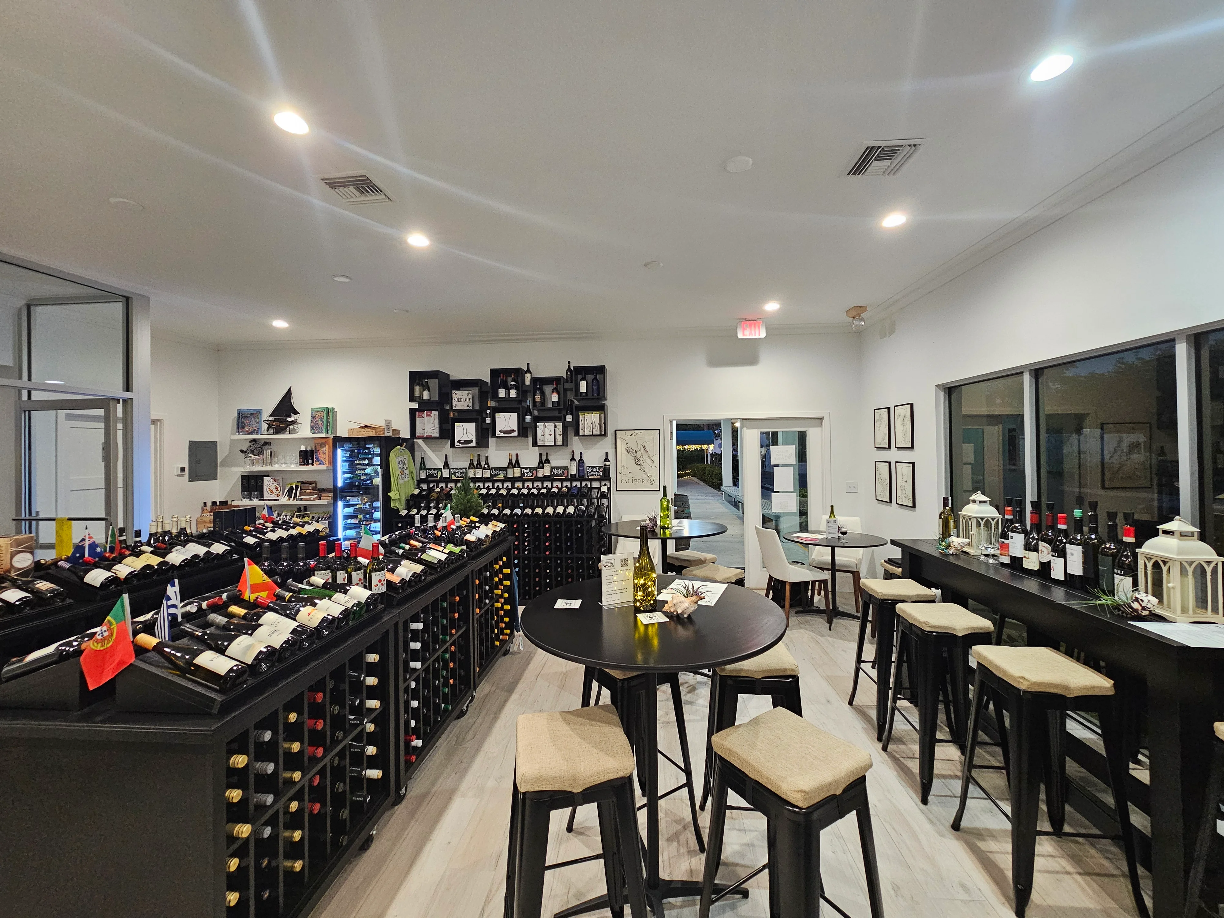 Elegant wine bar interior with diverse wine selection and seating area