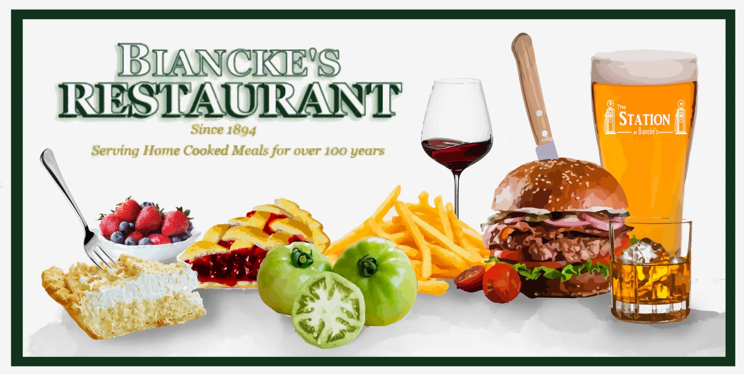 Classic American diner spread with burger, fries, and desserts
