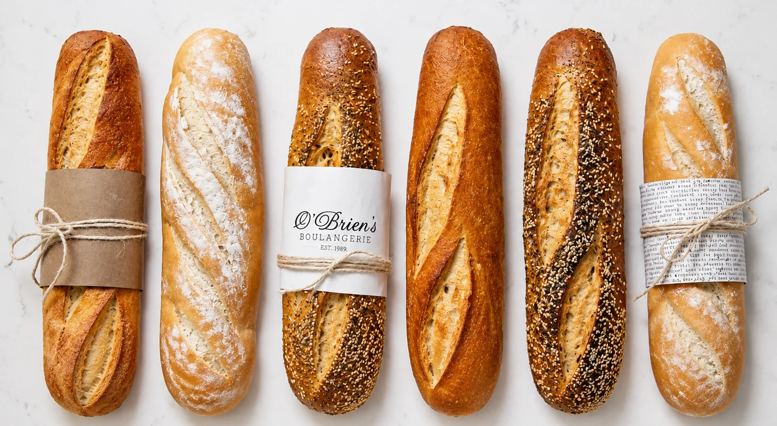 A variety of fresh baguettes displayed on a wooden board.