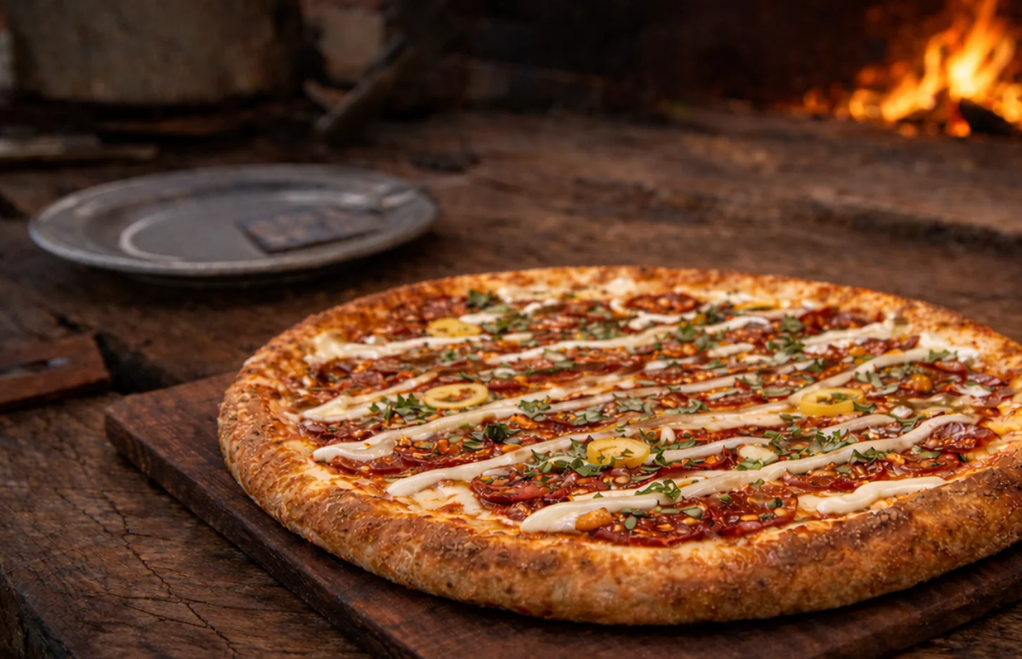 Spicy pepperoni pizza from a wood-fired oven