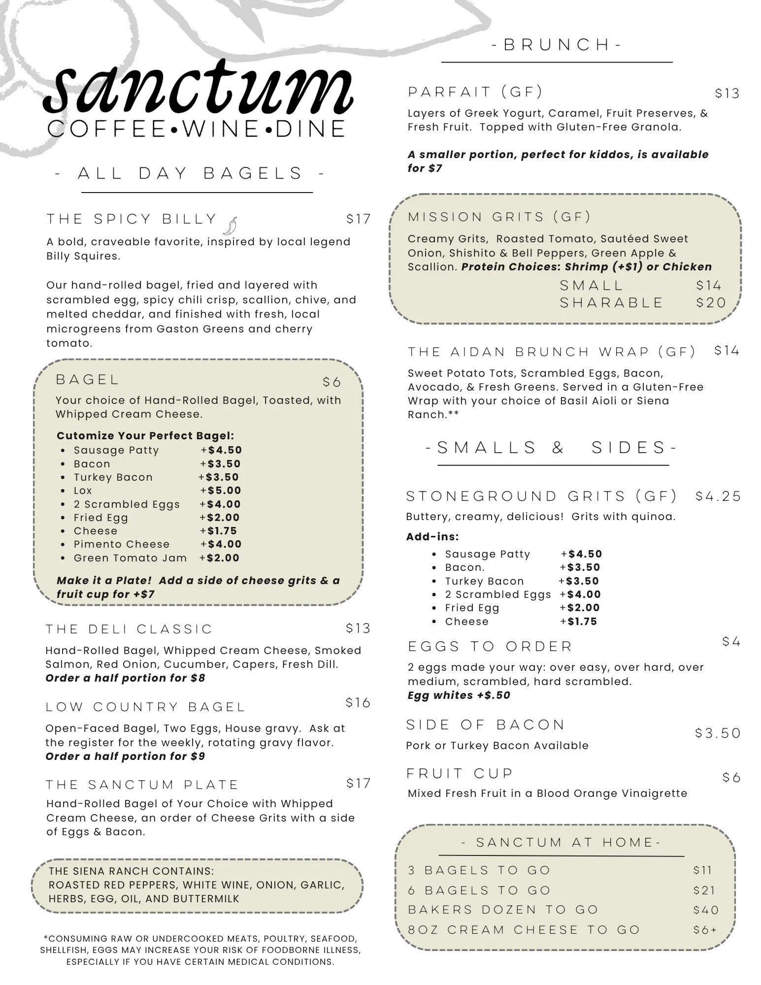 Brunch menu featuring bagels and grits at a cozy café