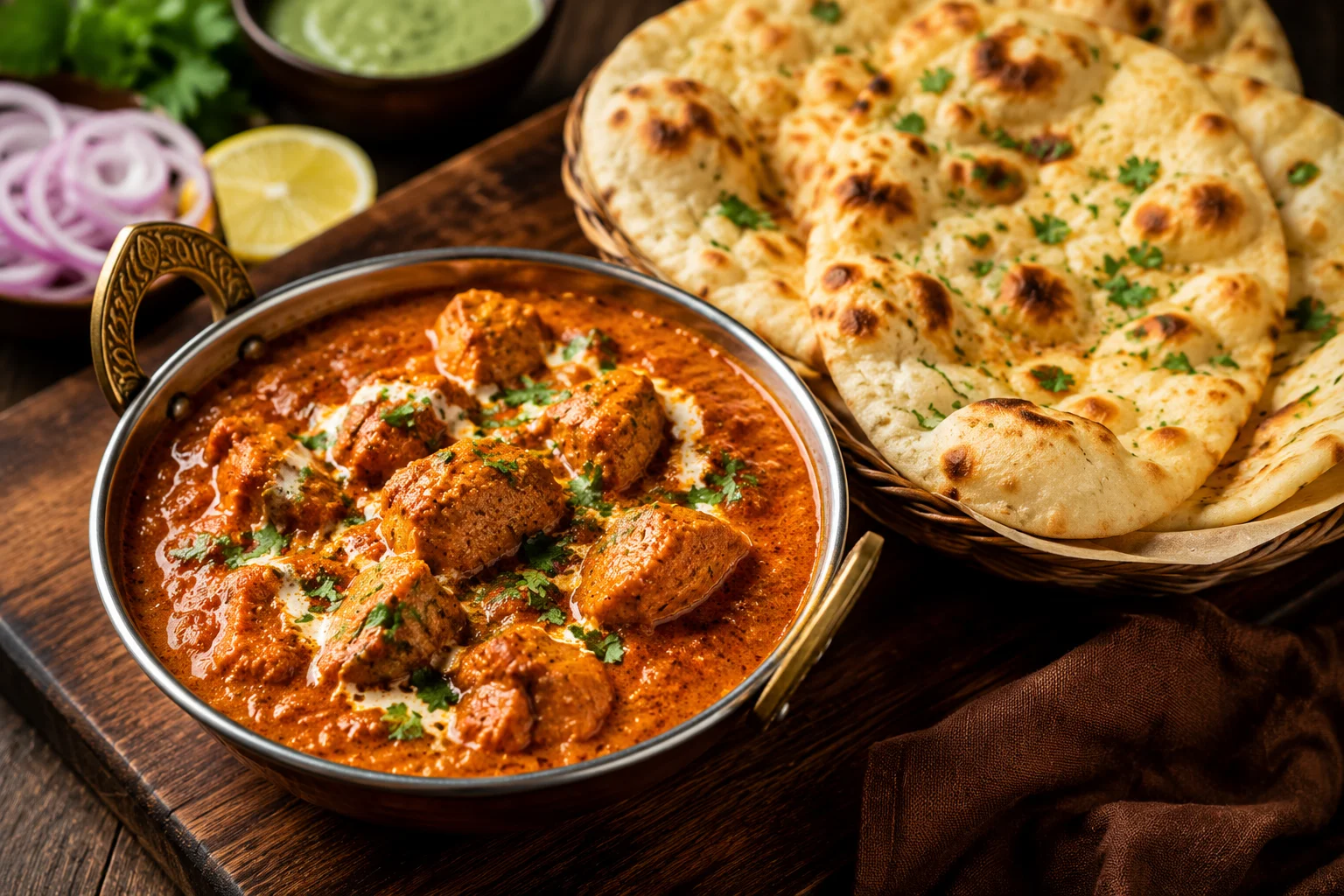 Rich Indian butter chicken served with naan bread