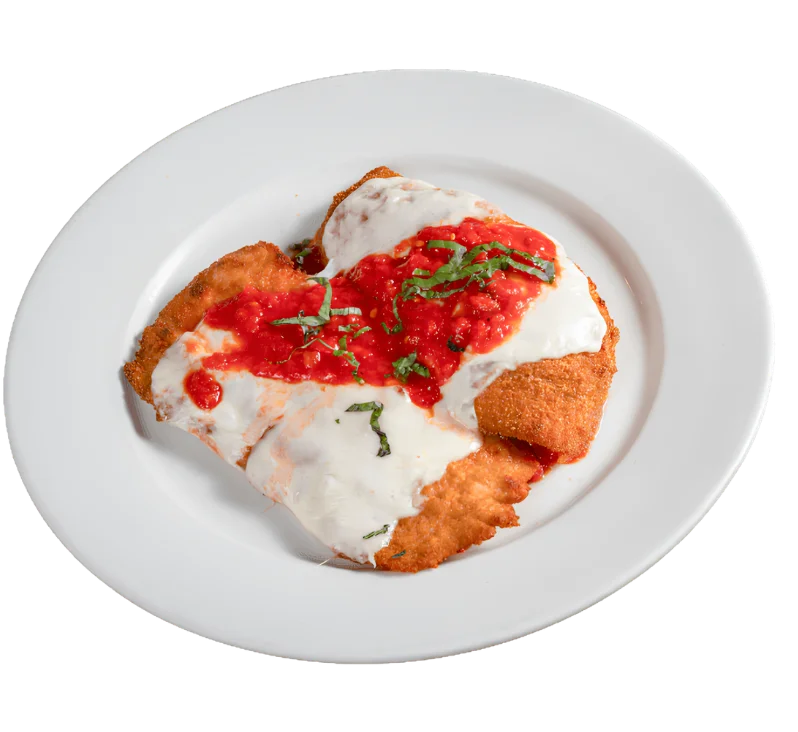 Crispy chicken parmesan with marinara sauce and melted cheese