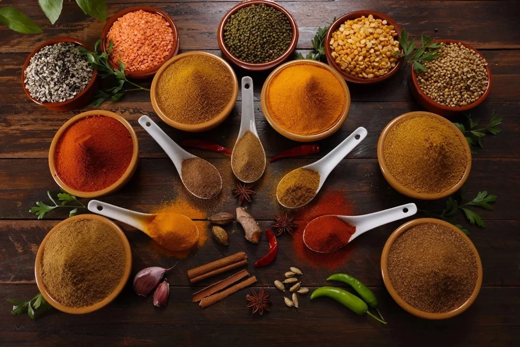 Assorted Indian spices in traditional bowls on a wooden table