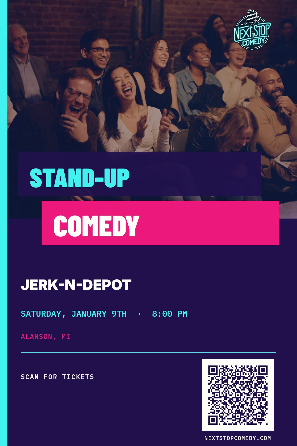 Cozy comedy night at Jerk-N-Depot with audience enjoying the show