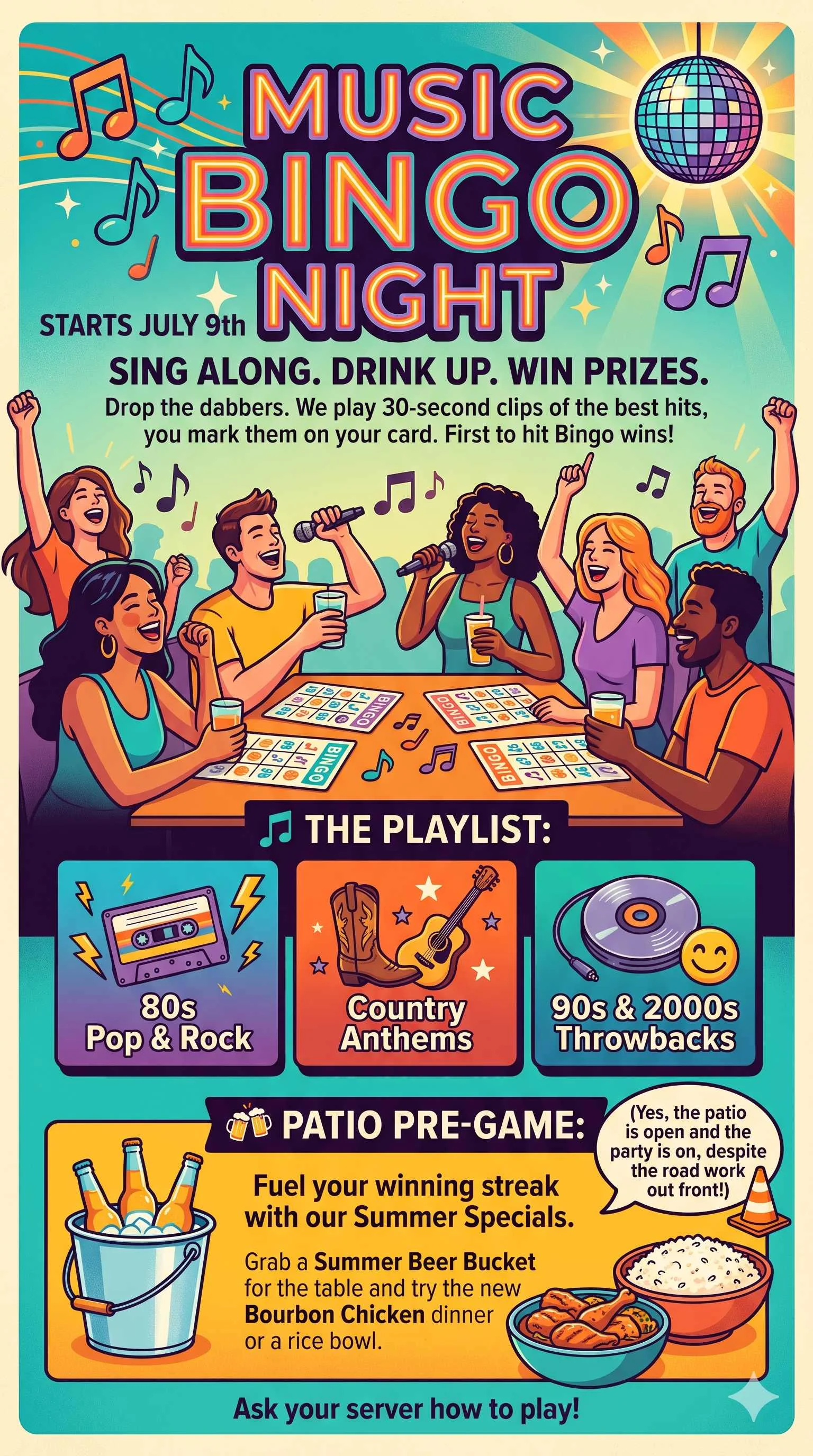 Music Bingo Night event poster with vibrant graphics and details