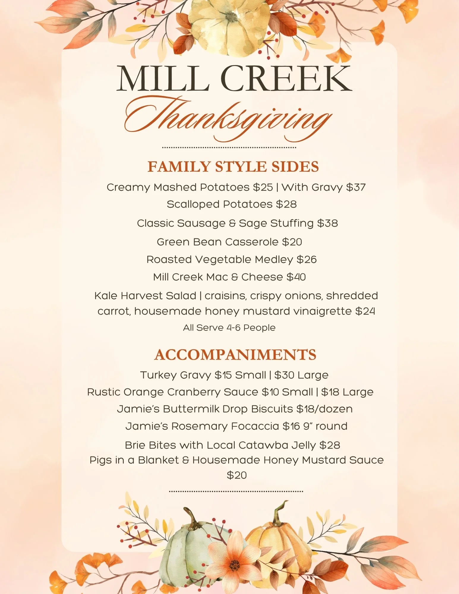 Thanksgiving family-style sides and accompaniments menu with autumn floral design