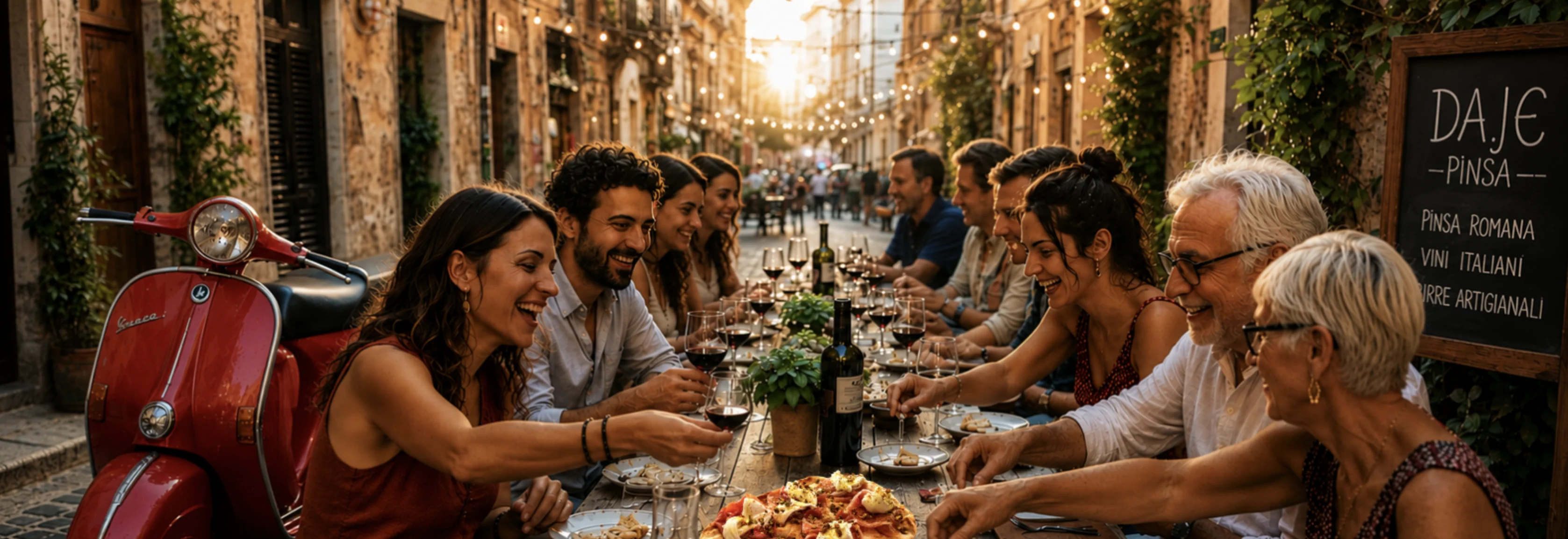 Group dining with pinsa in a charming outdoor setting
