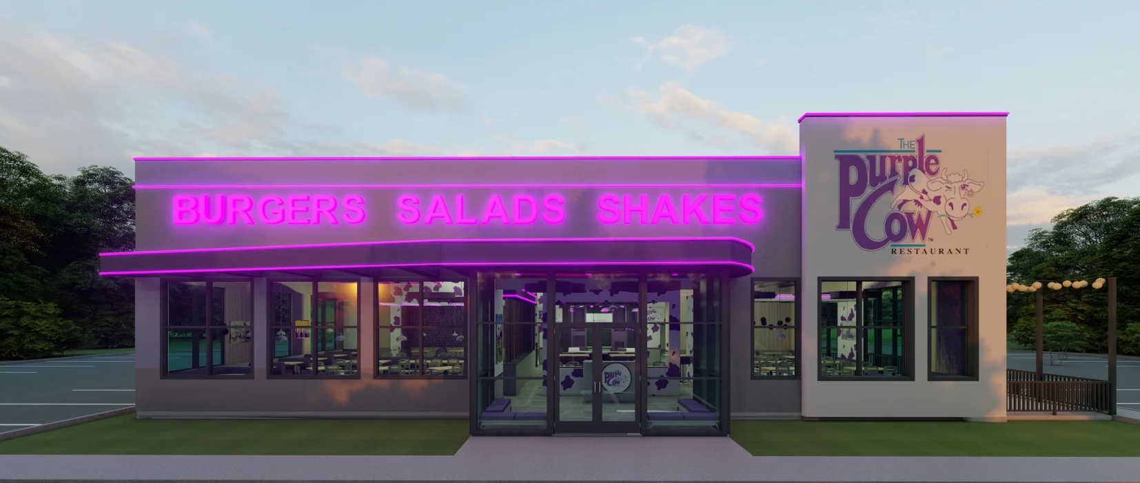 Exterior view of The Purple Cow restaurant with neon signage