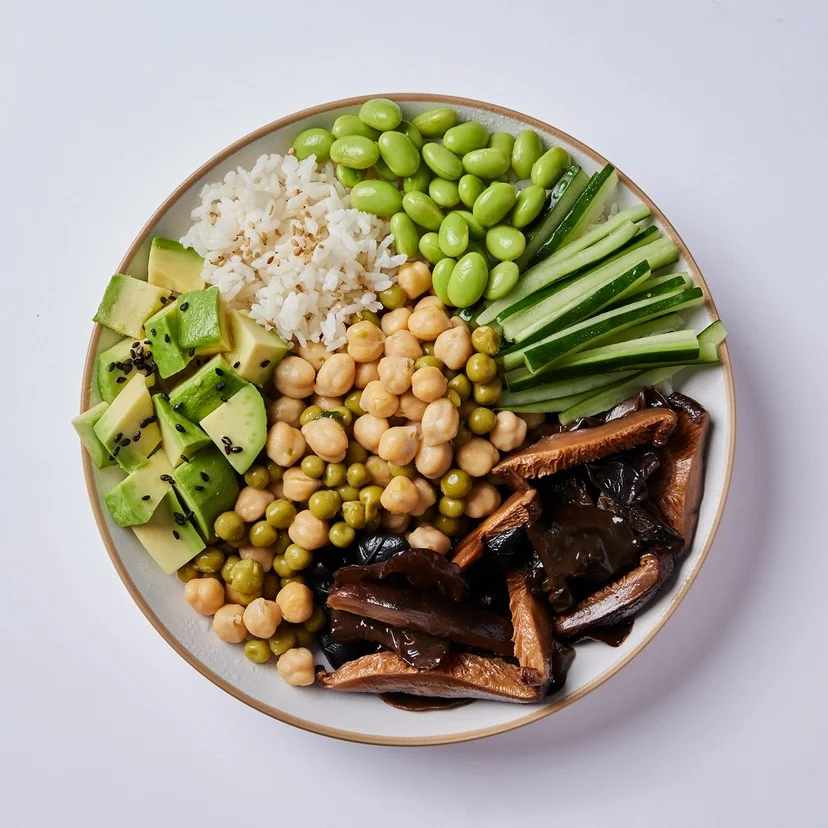 Colorful vegan grain bowl with fresh vegetables