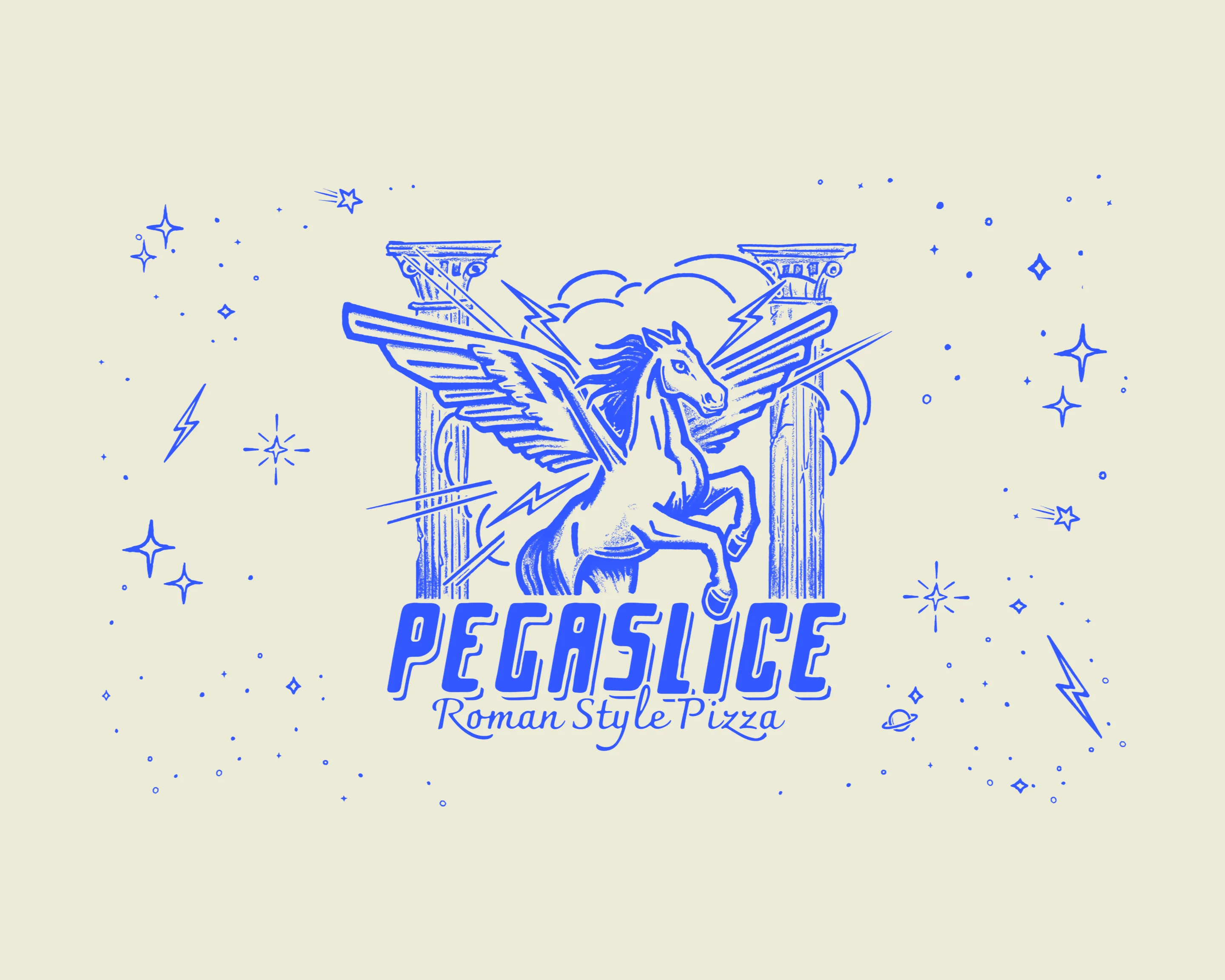 Pegasus-themed logo for Roman style pizza restaurant