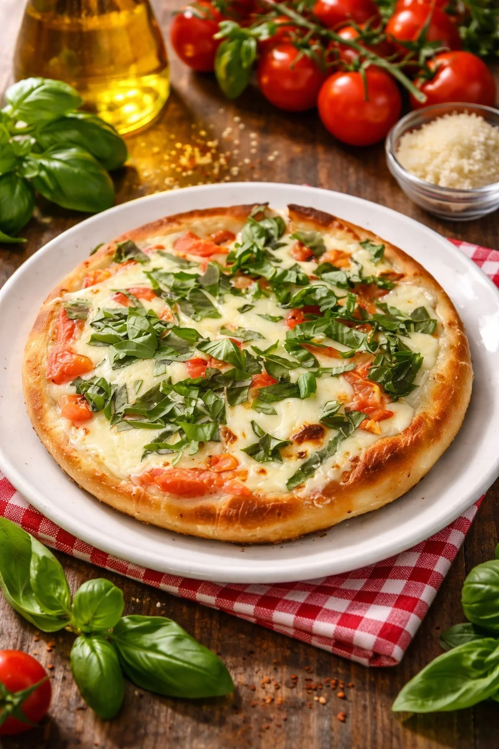 A freshly baked pizza topped with tomatoes and basil, served on a white plate. In the background, fresh tomatoes, olive oil, and basil leaves are displayed.