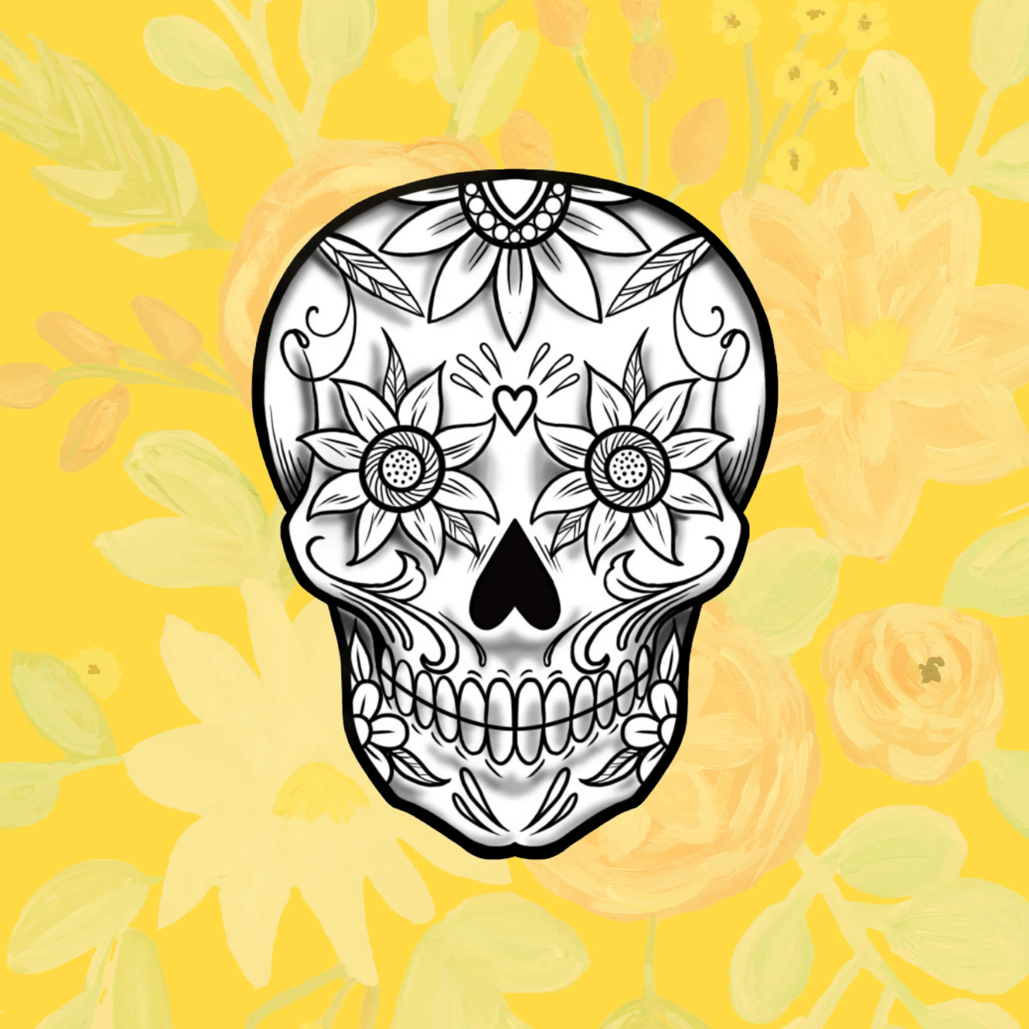 Decorative sugar skull with floral designs on a yellow background