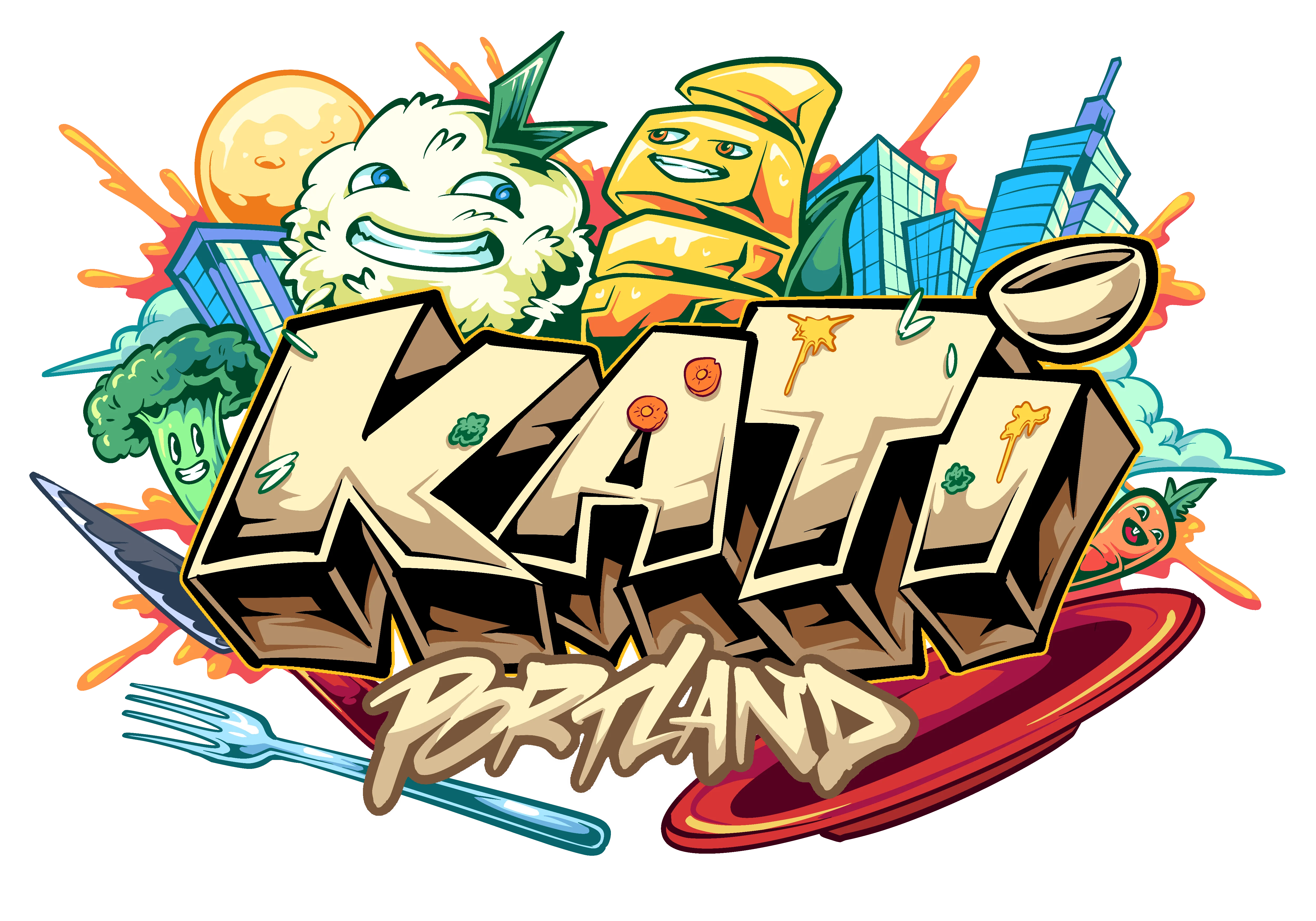 Colorful logo for Kati Portland featuring playful food characters