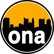Logo featuring a city skyline silhouette in black and orange