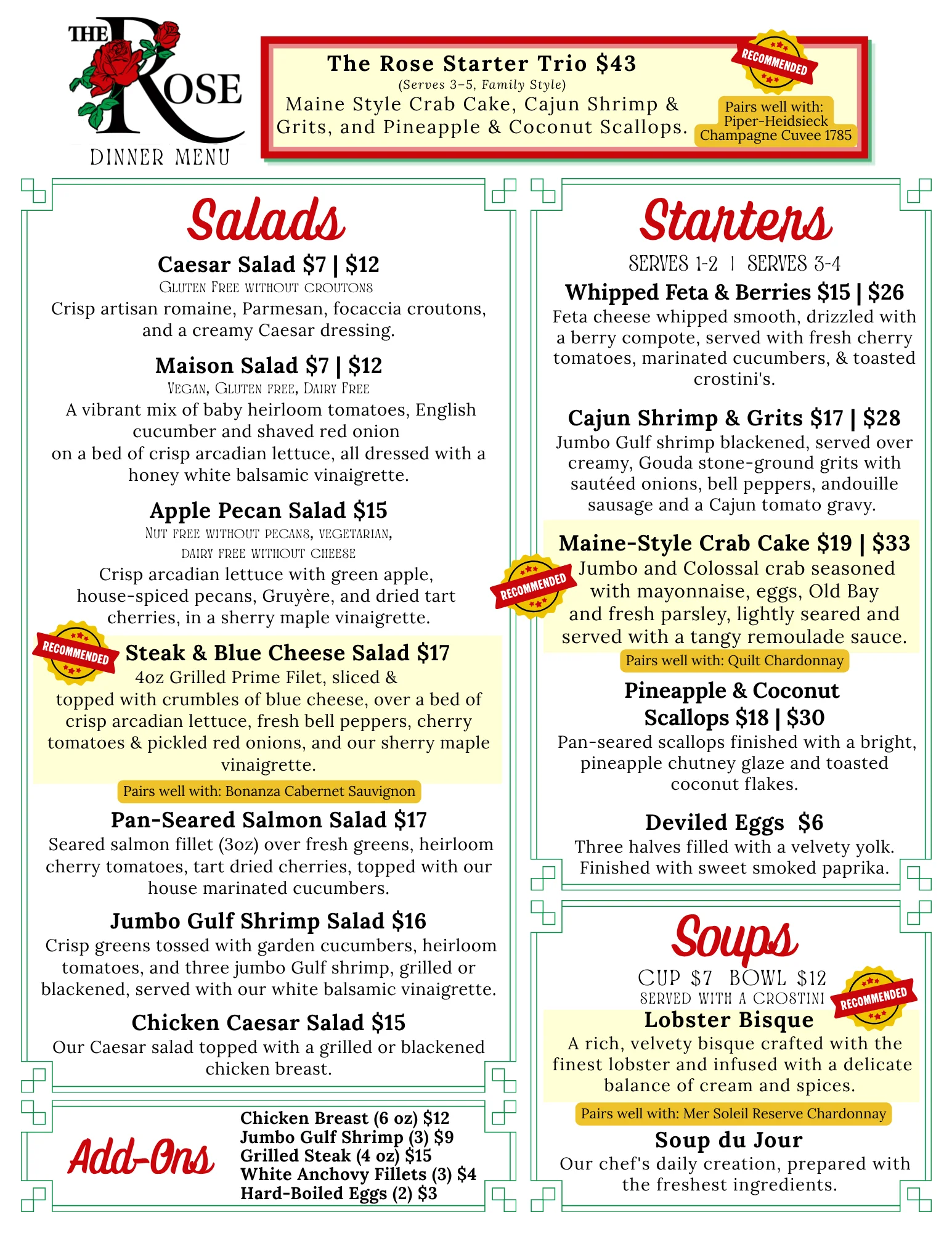 Dinner menu featuring seafood and salads at The Rose Plantation