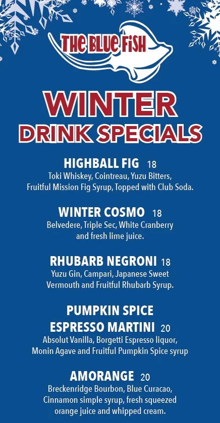 Winter drink specials menu at The Blue Fish restaurant