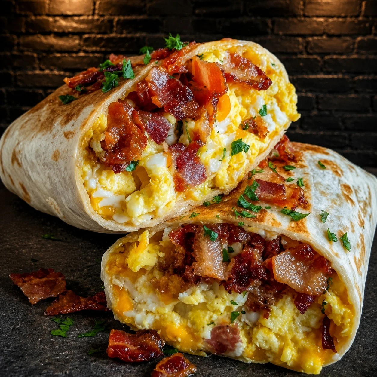 Loaded breakfast burrito with bacon and eggs