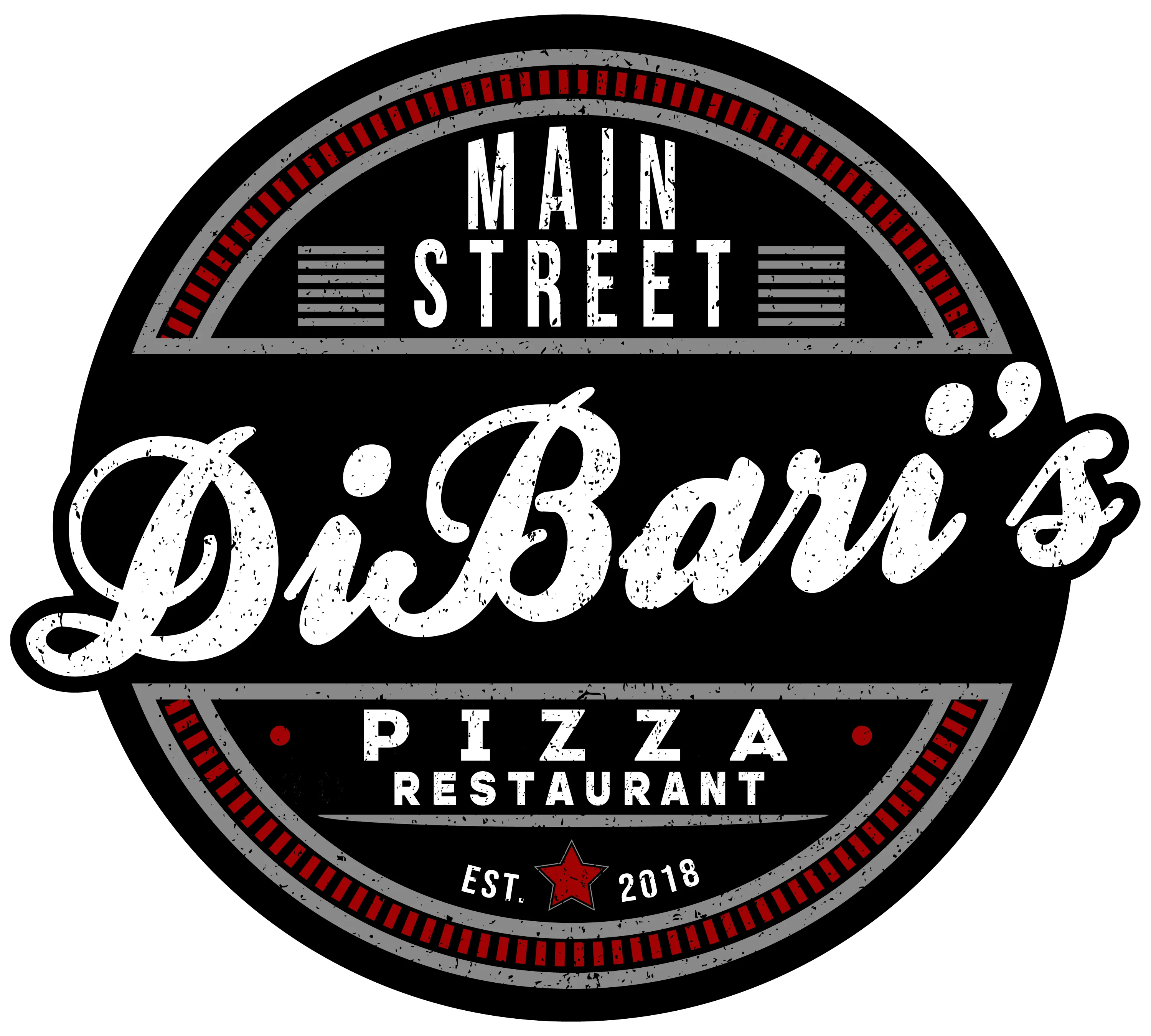 A vintage-style logo for a pizza restaurant, featuring the name 'DiBari's' in bold white letters with decorative elements and a black background.