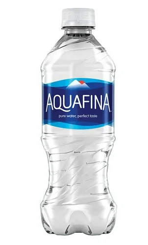 A clear plastic bottle of water labeled as Aquafina, indicating pure water and perfect taste.