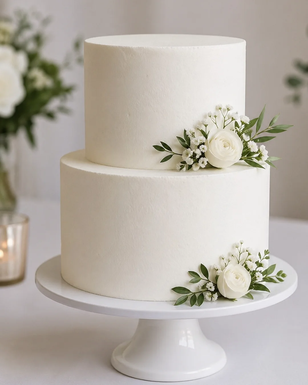 A beautifully decorated white cake with floral accents.