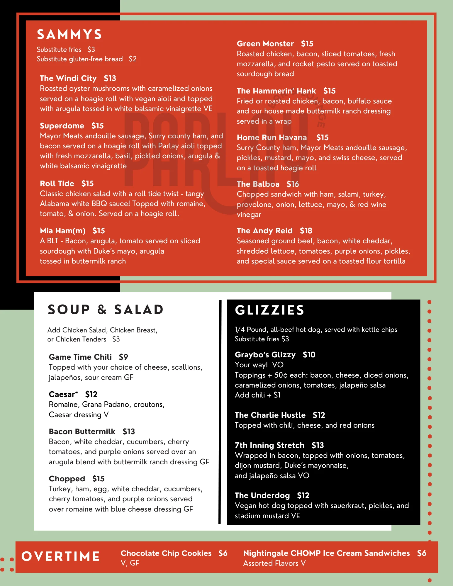 Menu featuring diverse sandwiches and salads in a casual dining setting