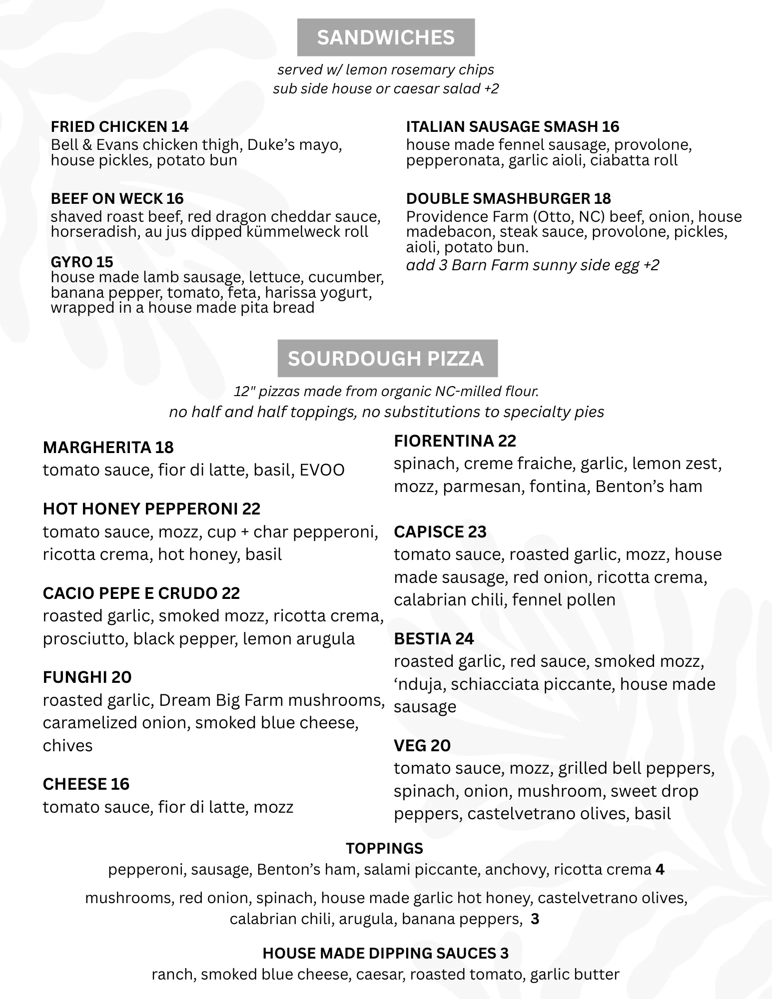 Variety of gourmet sandwiches and sourdough pizzas