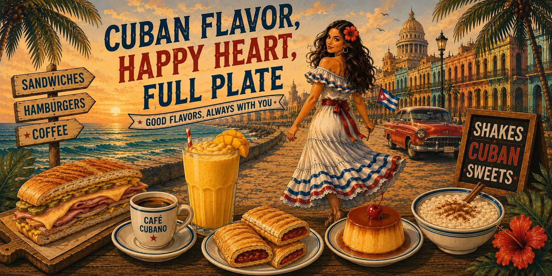 A vibrant Cuban-themed advertisement featuring a woman in traditional dress, showcasing a variety of delicious food items such as sandwiches, coffee, and desserts against a lively beach backdrop.