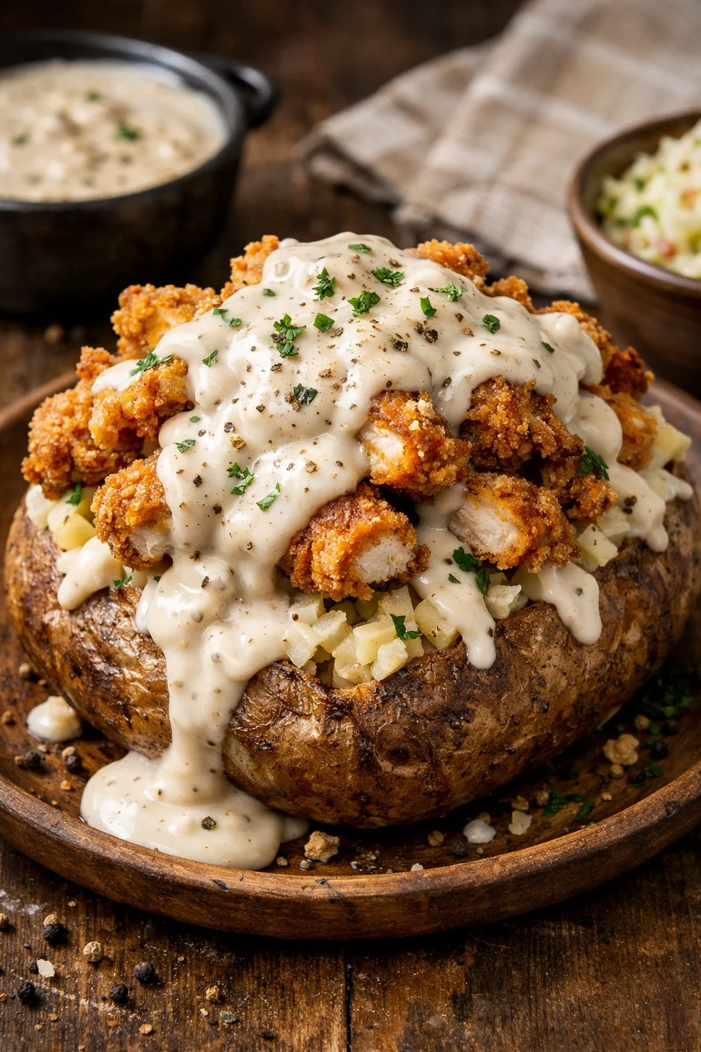 A baked potato topped with crispy chicken pieces and creamy white sauce, served with a side of gravy.