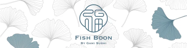 Elegant logo of Fish Boon by Gami Sushi with ginkgo leaf background