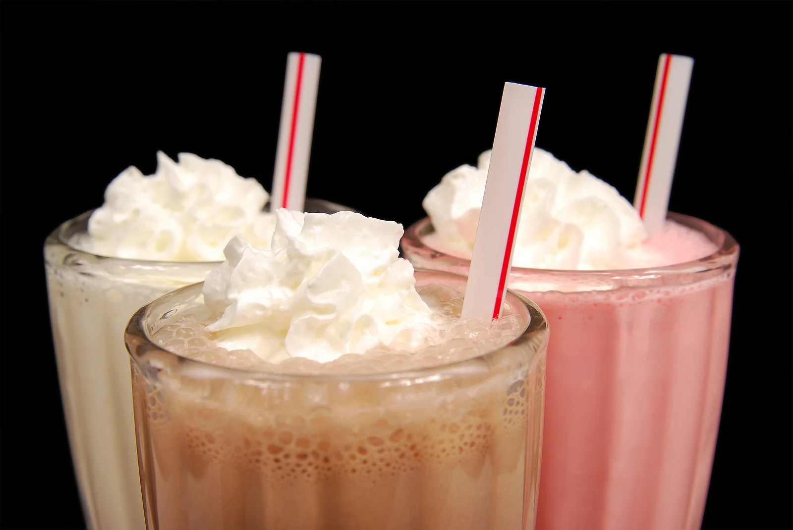 Classic milkshakes in three flavors with whipped cream