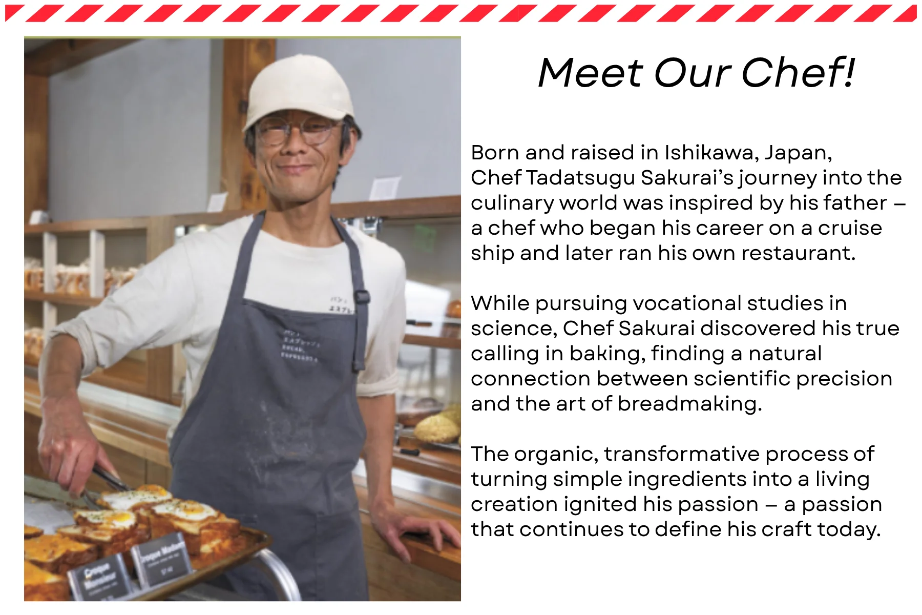 Chef in a bakery showcasing artisanal bread and pastries