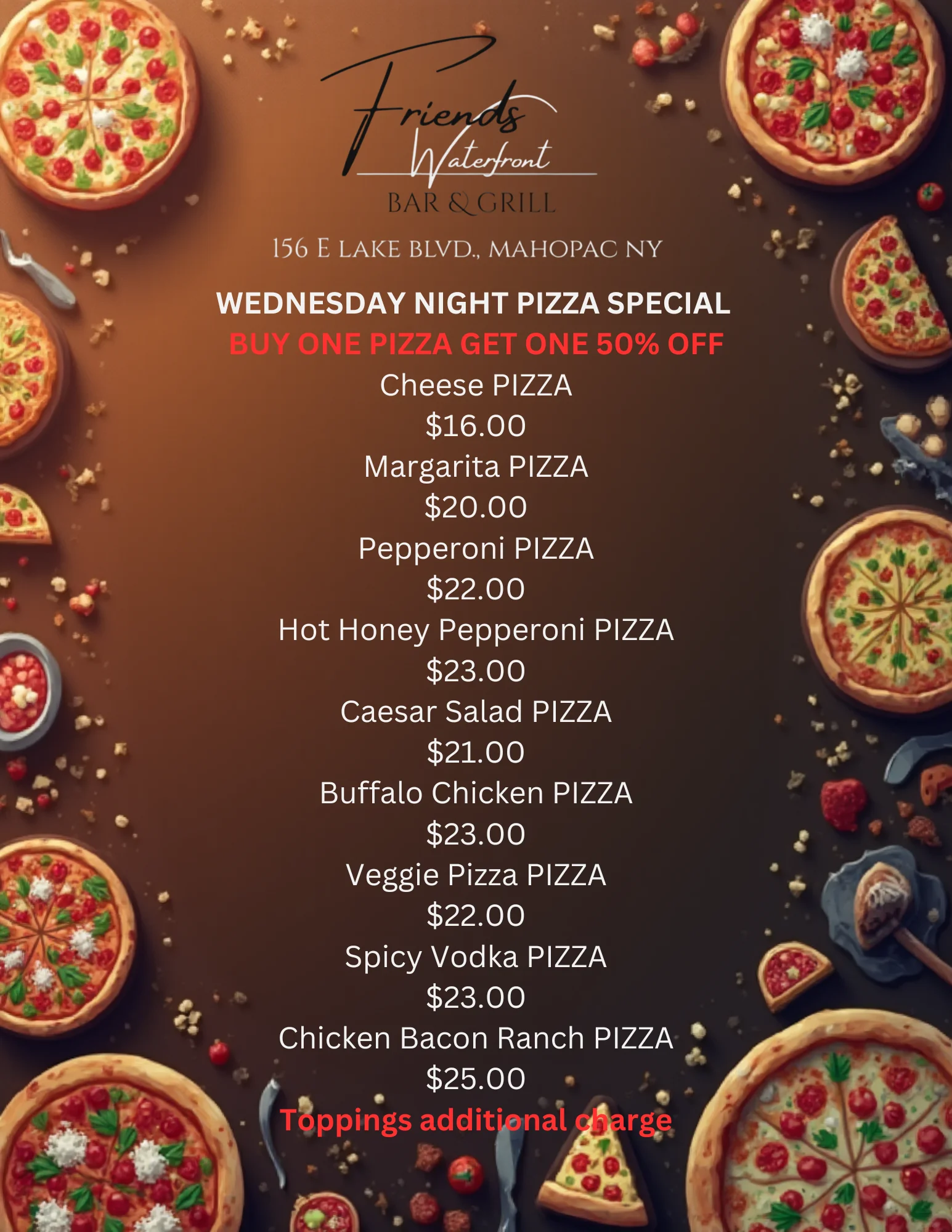 Pizza special promotional poster with assorted pizzas and restaurant typography