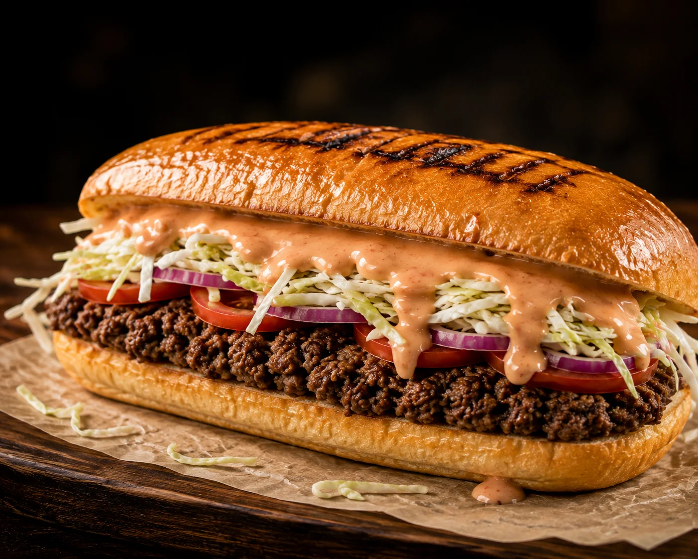 A delicious sandwich filled with ground meat, fresh vegetables like lettuce, tomato, and onions, topped with a creamy sauce, served in a toasted bun.