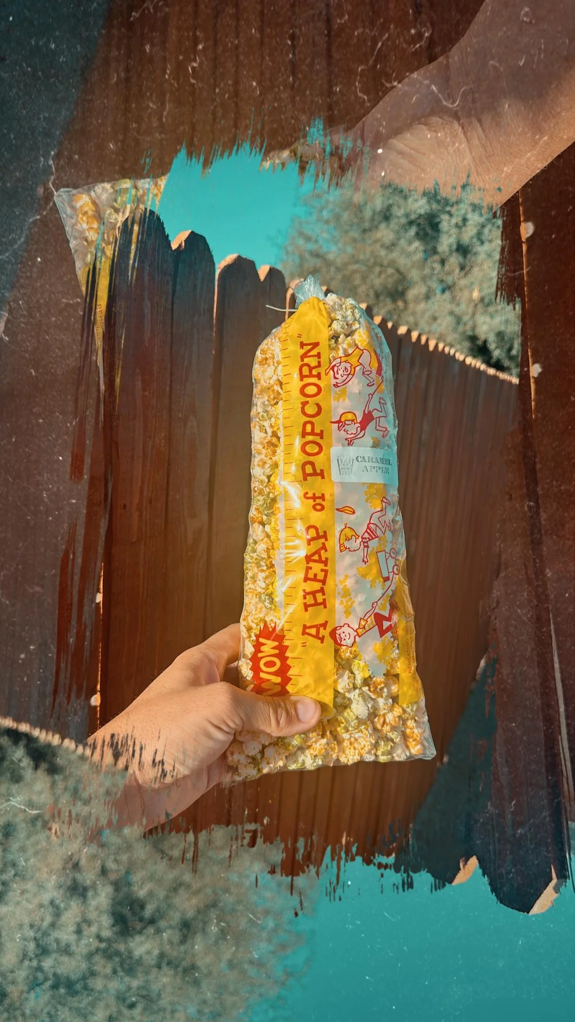 A popcorn container labeled 'SALT & VINEGAR' with a design featuring cartoon characters, surrounded by white popcorn.