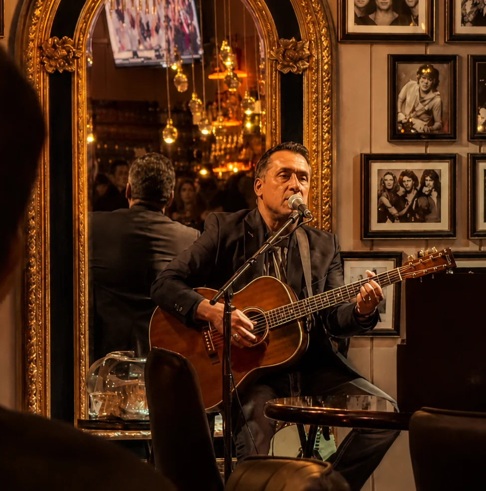 Live music performance in a stylish restaurant setting