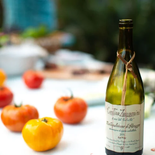Bottle of Montepulciano d'Abruzzo wine with fresh tomatoes