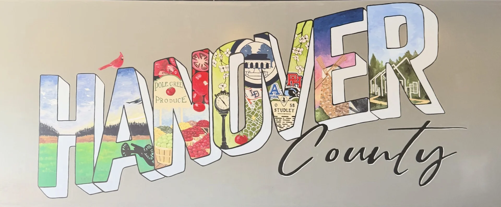 Colorful mural of Hanover County with local imagery