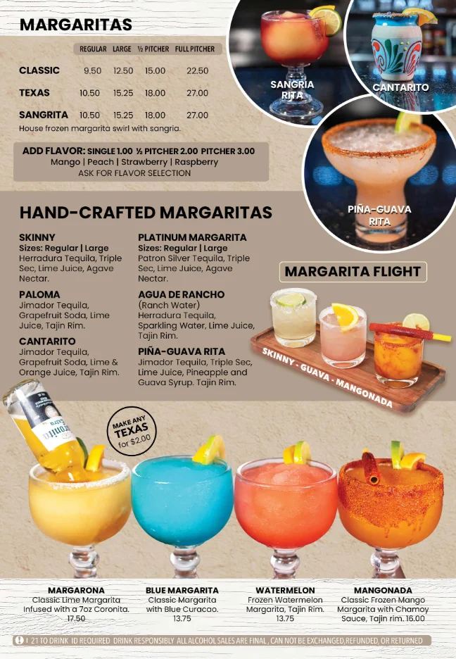 Colorful margarita menu featuring various flavors and styles