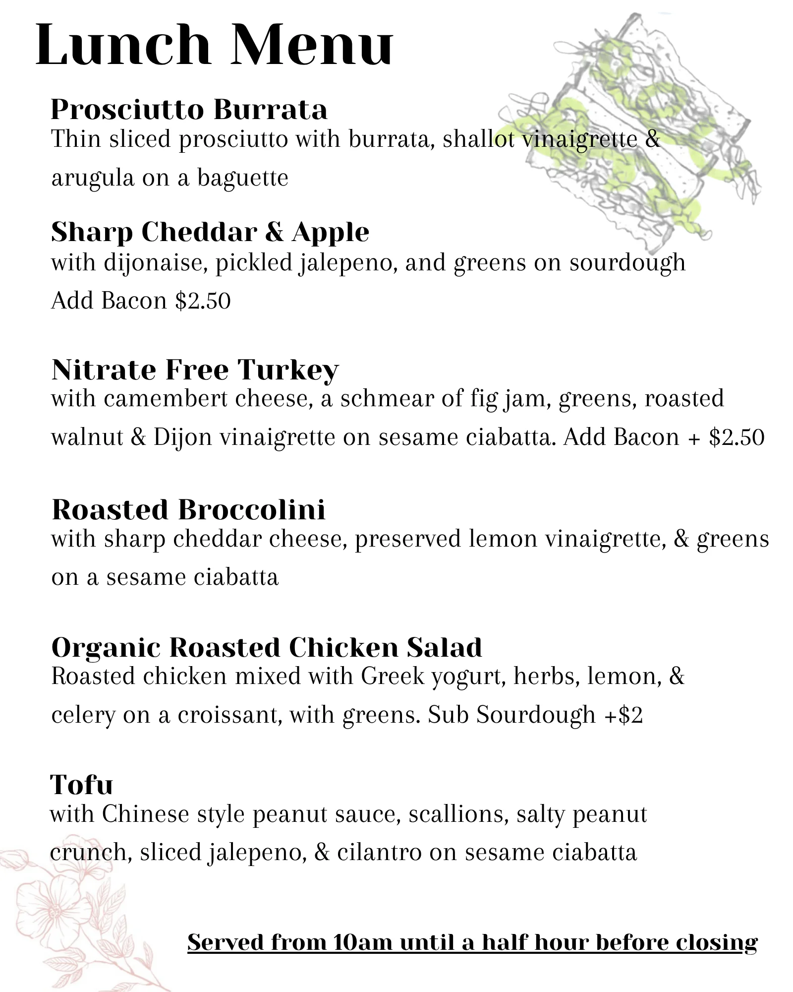 March lunch menu featuring various delicious dishes and beverages.