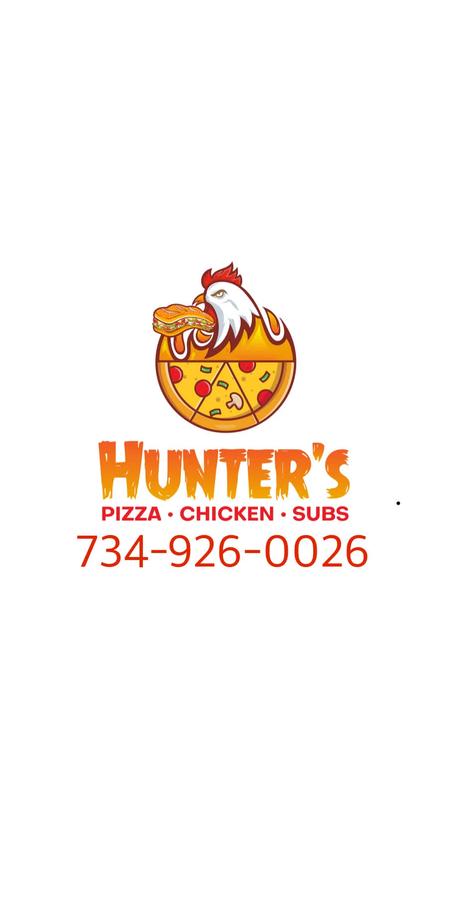Logo of Hunter's Pizza, Chicken, and Subs with a playful chicken mascot
