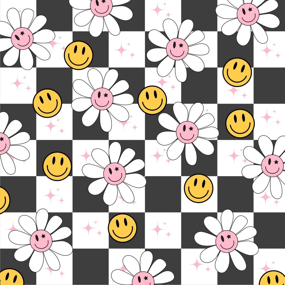 Colorful pattern of daisies and smiley faces on a checkered background