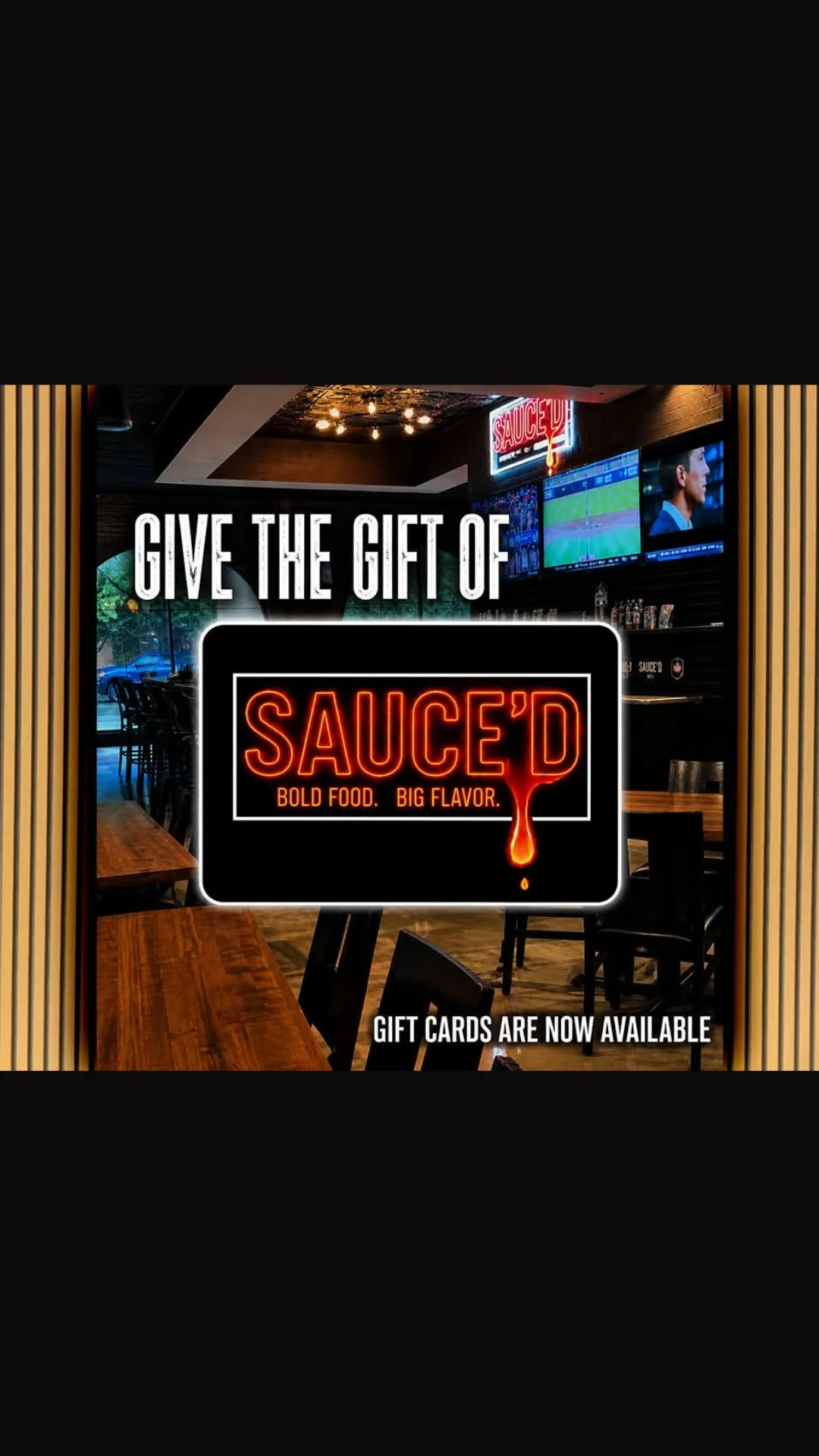 Cozy restaurant interior featuring a vibrant gift card promotion