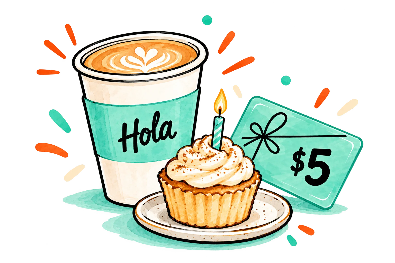 Illustrated latte and frosted cupcake with candle and colorful café promotion