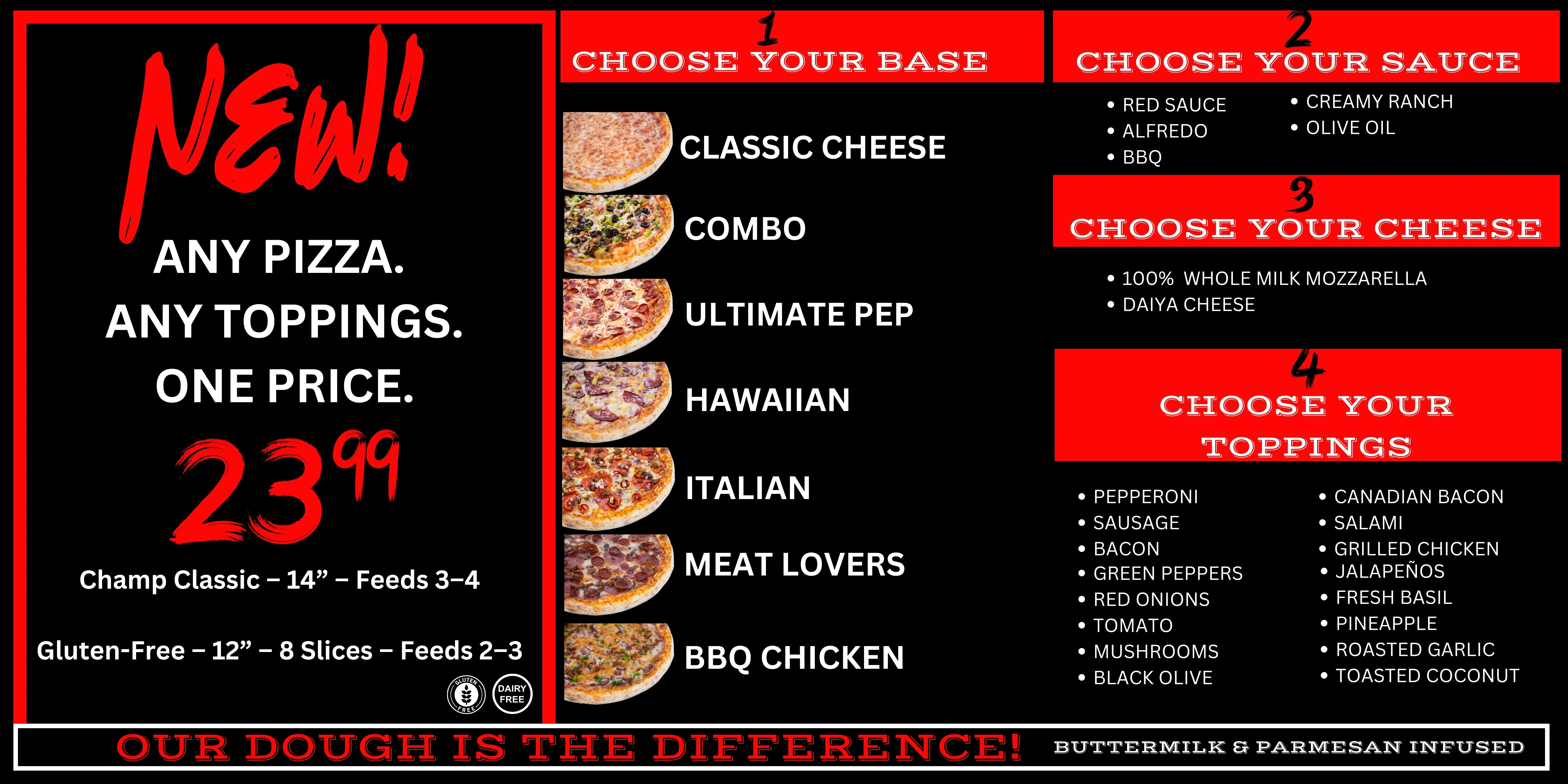 Customizable pizza selection with various toppings and sauces