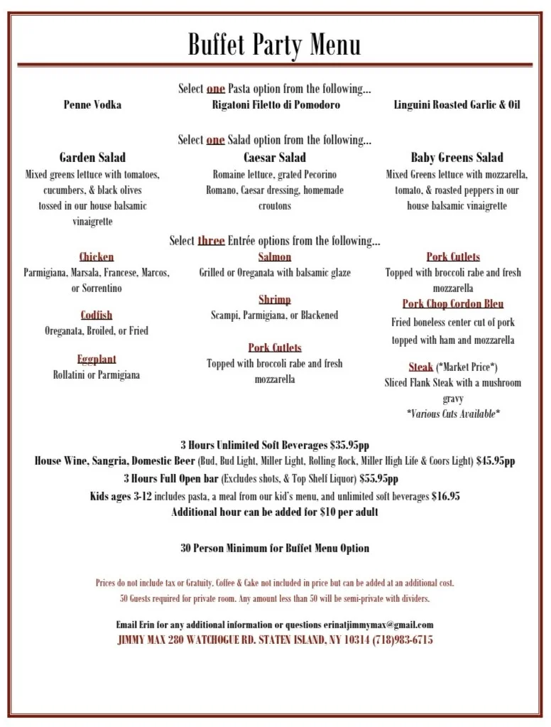 Buffet party menu featuring Italian cuisine options